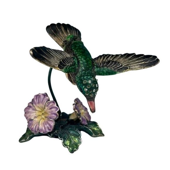 Hummingbird Flower Figurine Trinket Box Jeweled Metal Hinged Magnetic Colorful - Picture 2 of 11